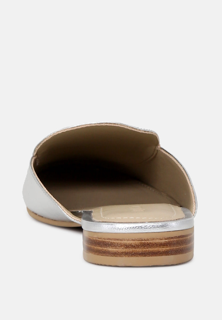 MARLA Silver Metallic Leather Mules-Silver