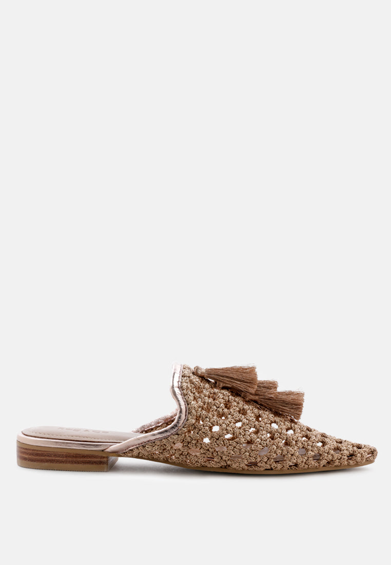MELANIE Gold Woven Flat Mules With Tassels_Bronze