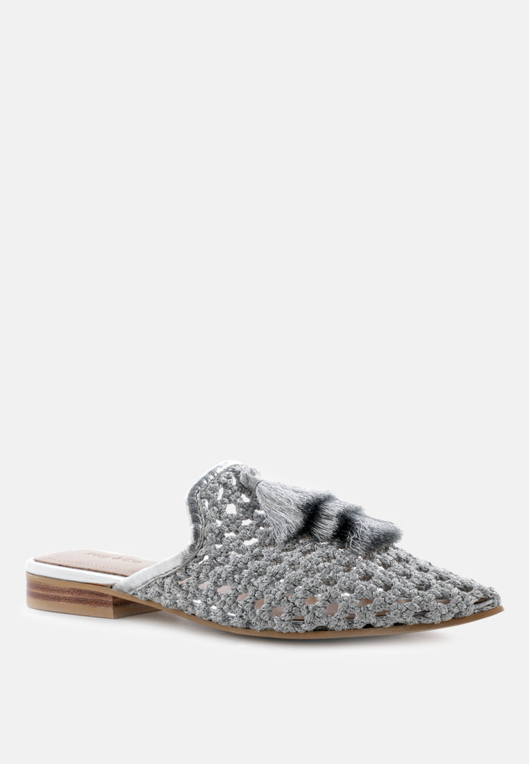 MELANIE Silver Woven Flat Mules With Tassels-Silver