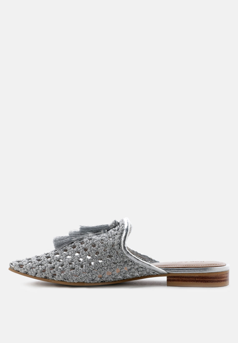 MELANIE Silver Woven Flat Mules With Tassels-Silver