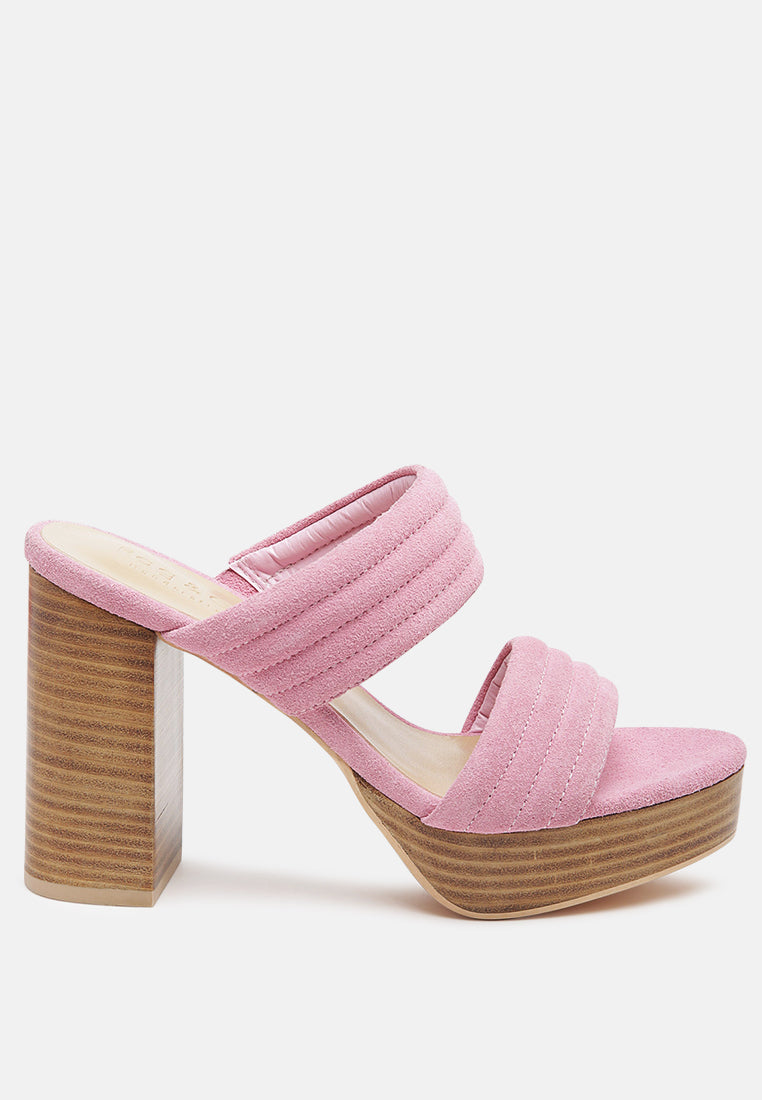 MILLE FEUX Suede Slip-On Block Heeled Sandal In Pink-Pink