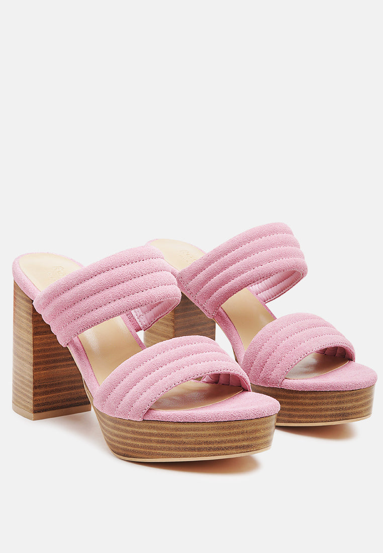 MILLE FEUX Suede Slip-On Block Heeled Sandal In Pink-Pink
