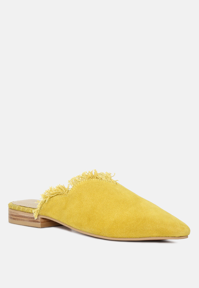 MOLLY Mustard Frayed Leather Mules-Mustard