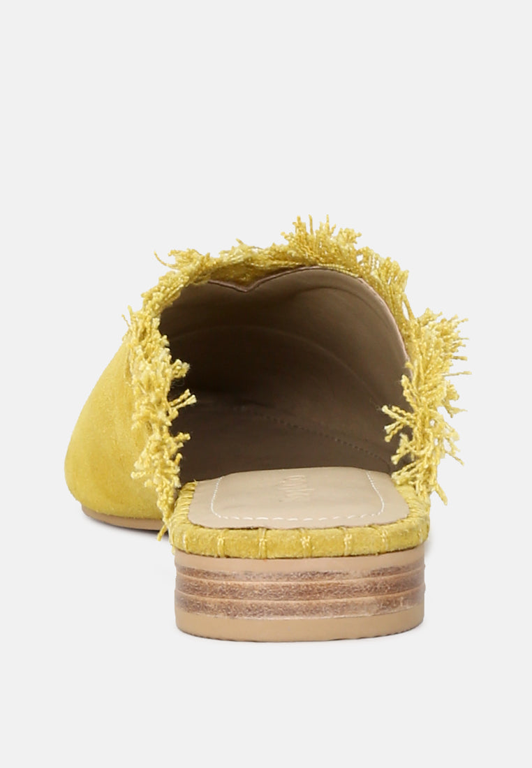 MOLLY Mustard Frayed Leather Mules-Mustard