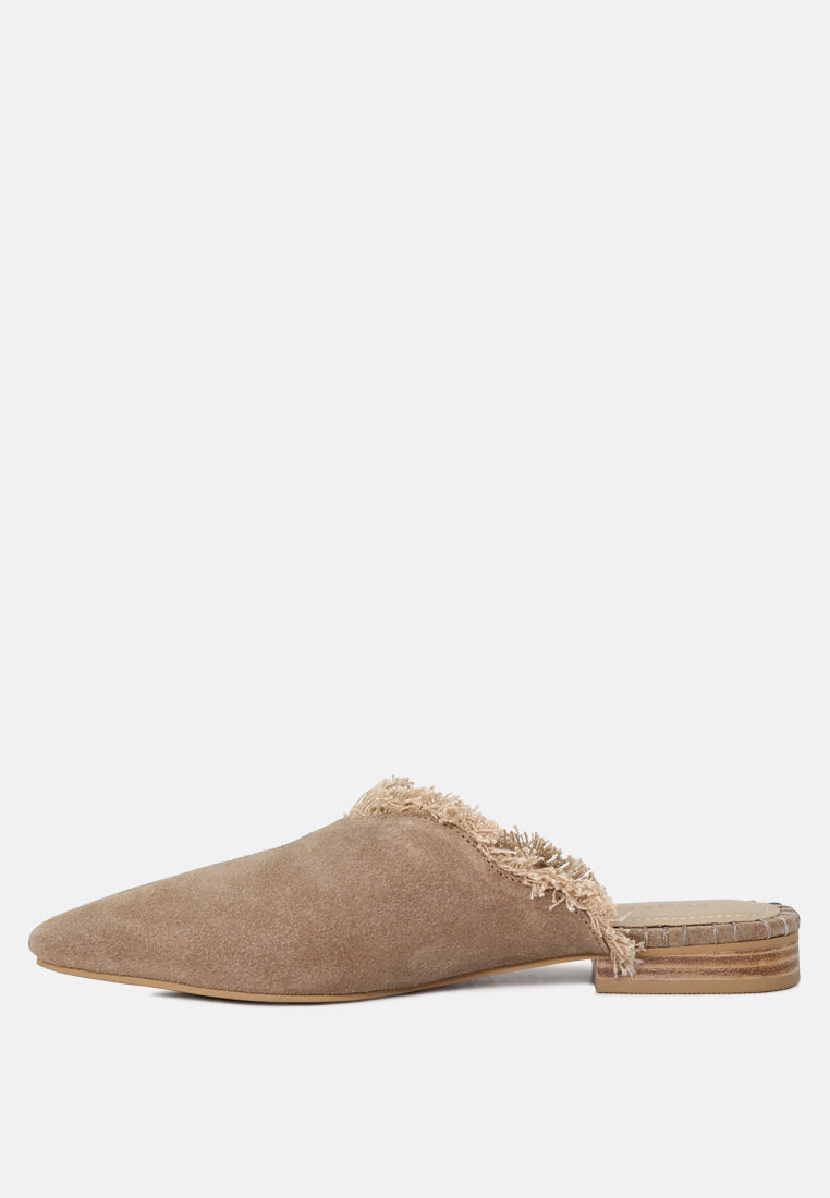 MOLLY Taupe Frayed Leather Mules-Taupe