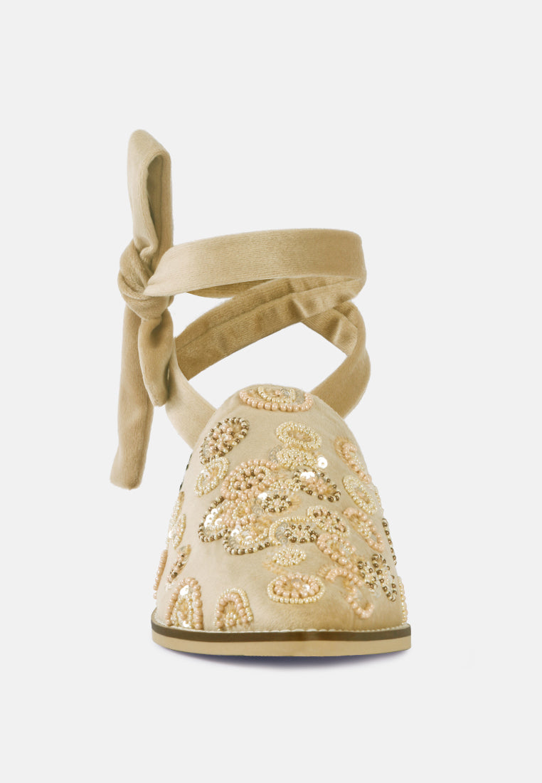 Mande Embroidered Embroidered Velvet Mules in Beige-Beige