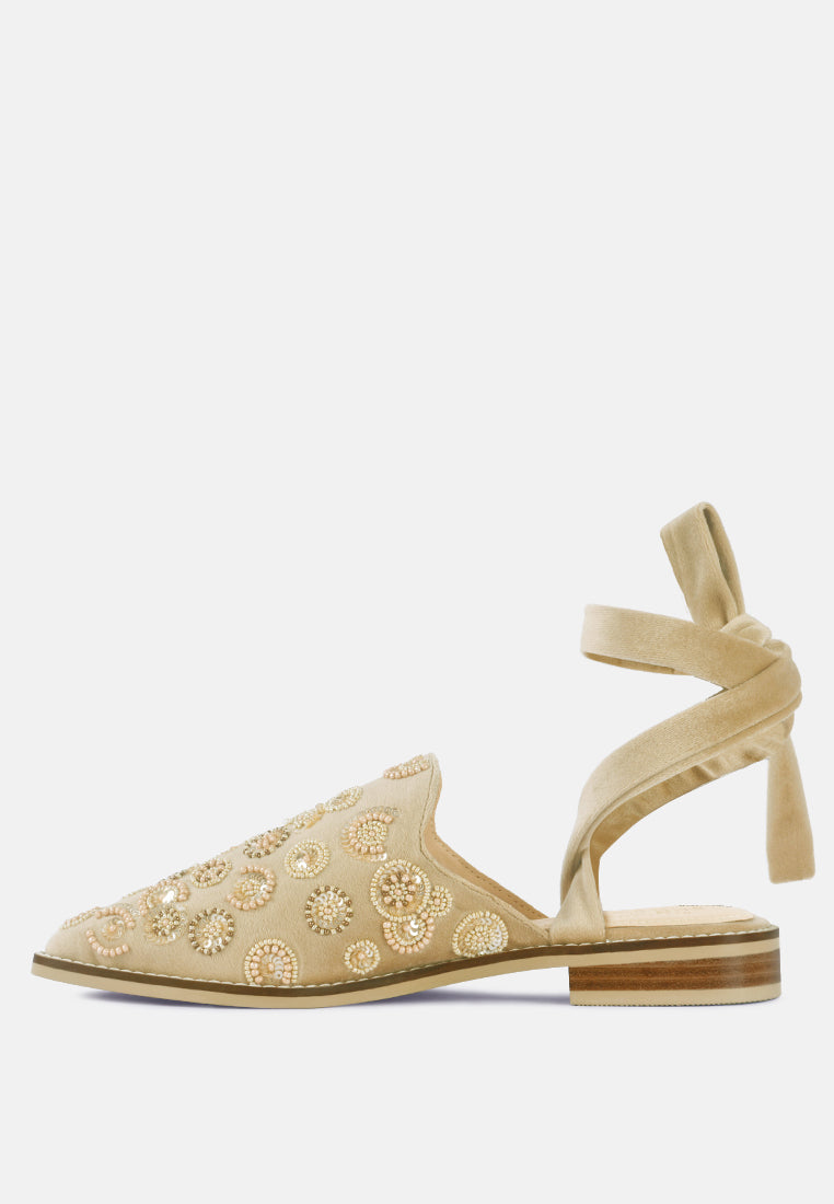Mande Embroidered Embroidered Velvet Mules in Beige-Beige