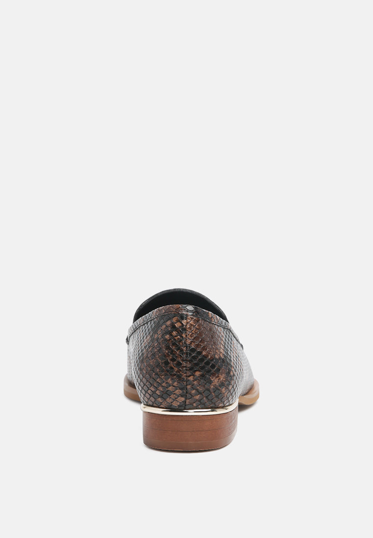 NADIA Brown Snake Textured Loafers-Brown