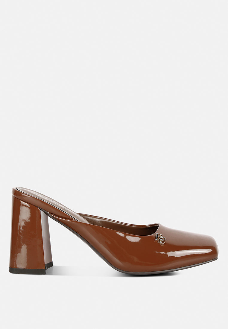 neoplast brown patent faux leather block heeled mules#color_brown