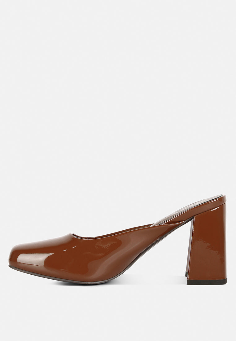 neoplast brown patent faux leather block heeled mules#color_brown