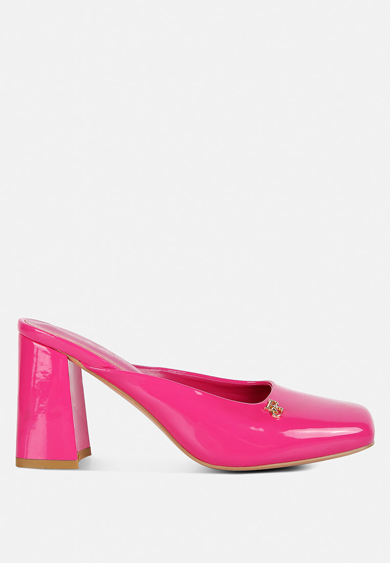 neoplast pink patent faux leather block heeled mules#color_pink
