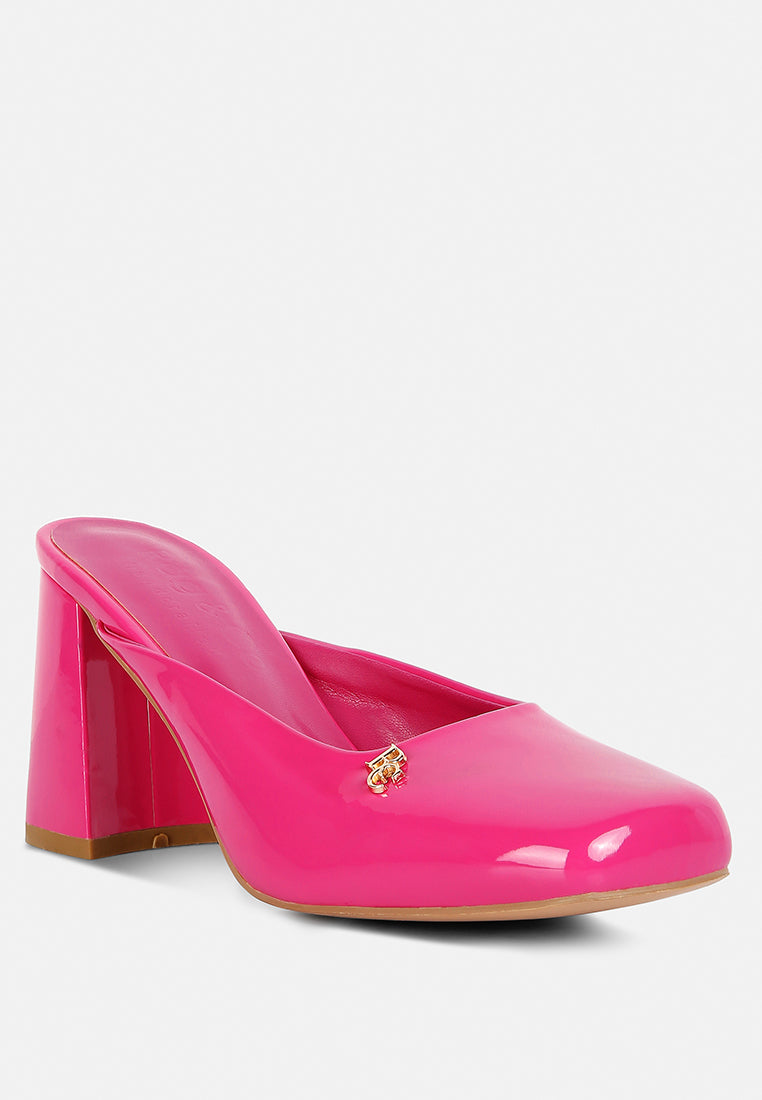 neoplast pink patent faux leather block heeled mules#color_pink