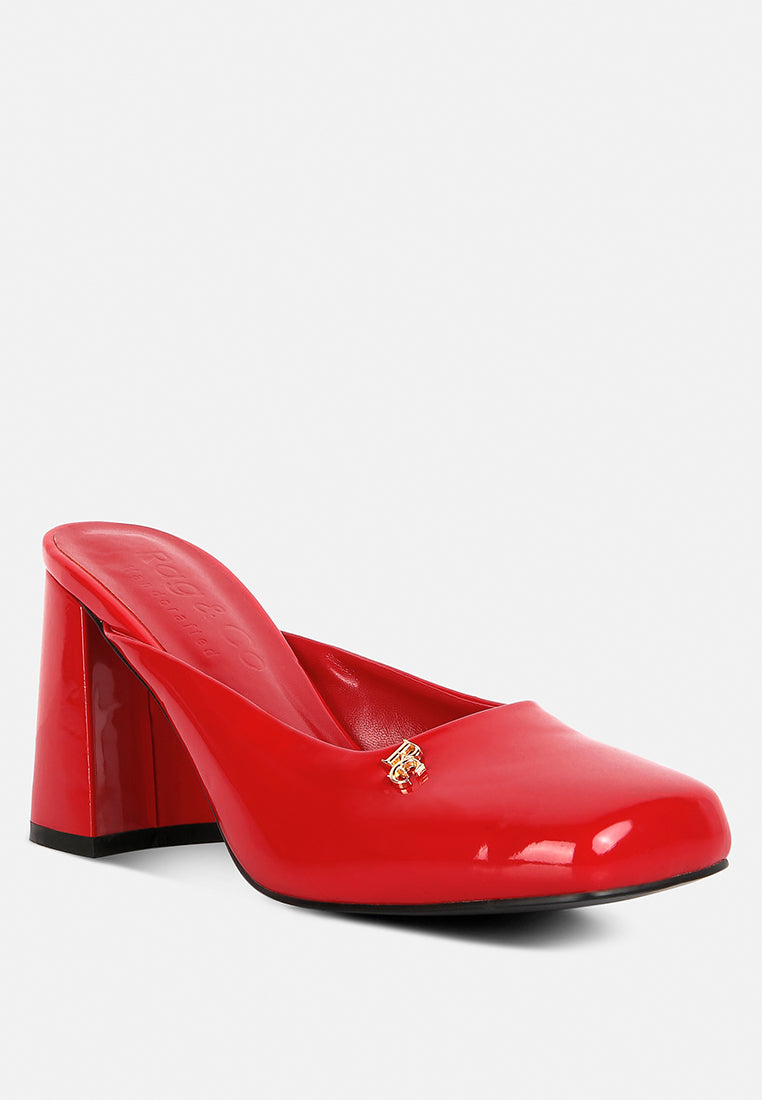 neoplast red patent pu block heeled mules#color_red