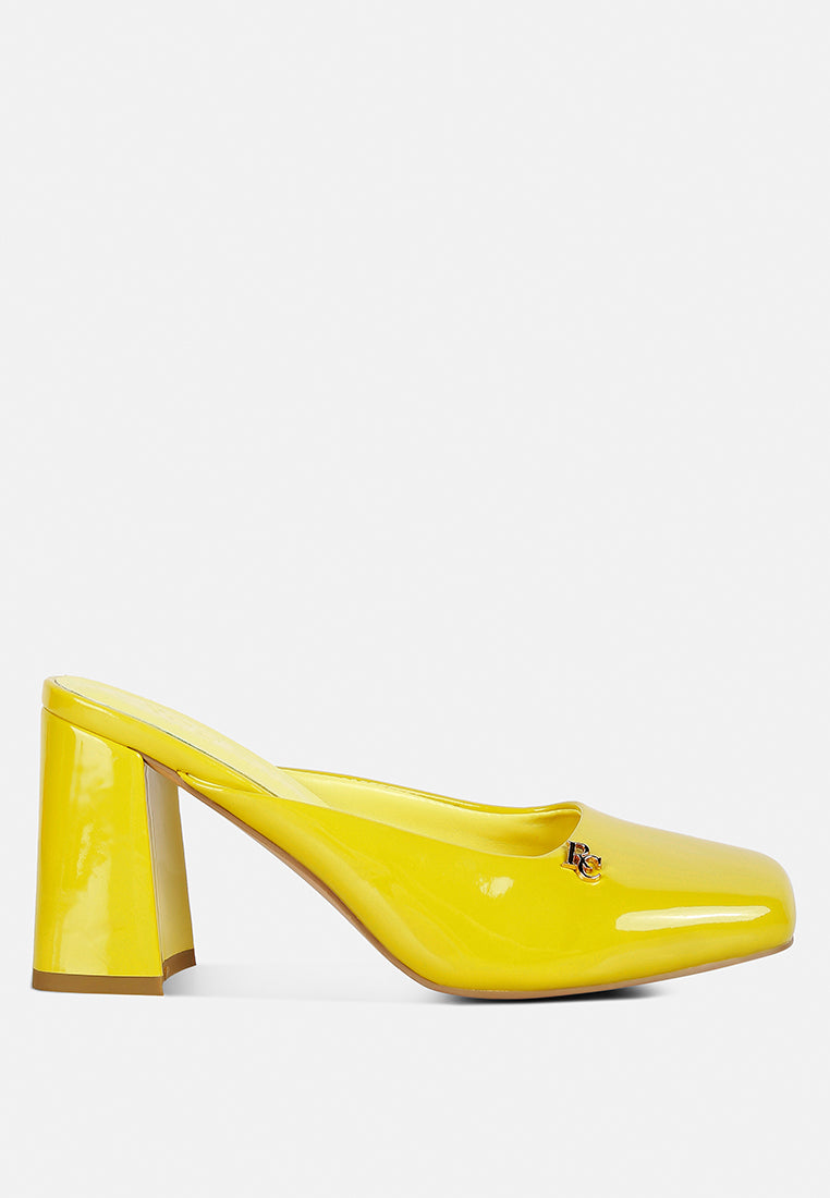 neoplast yellow patent pu block heeled mules#color_yellow