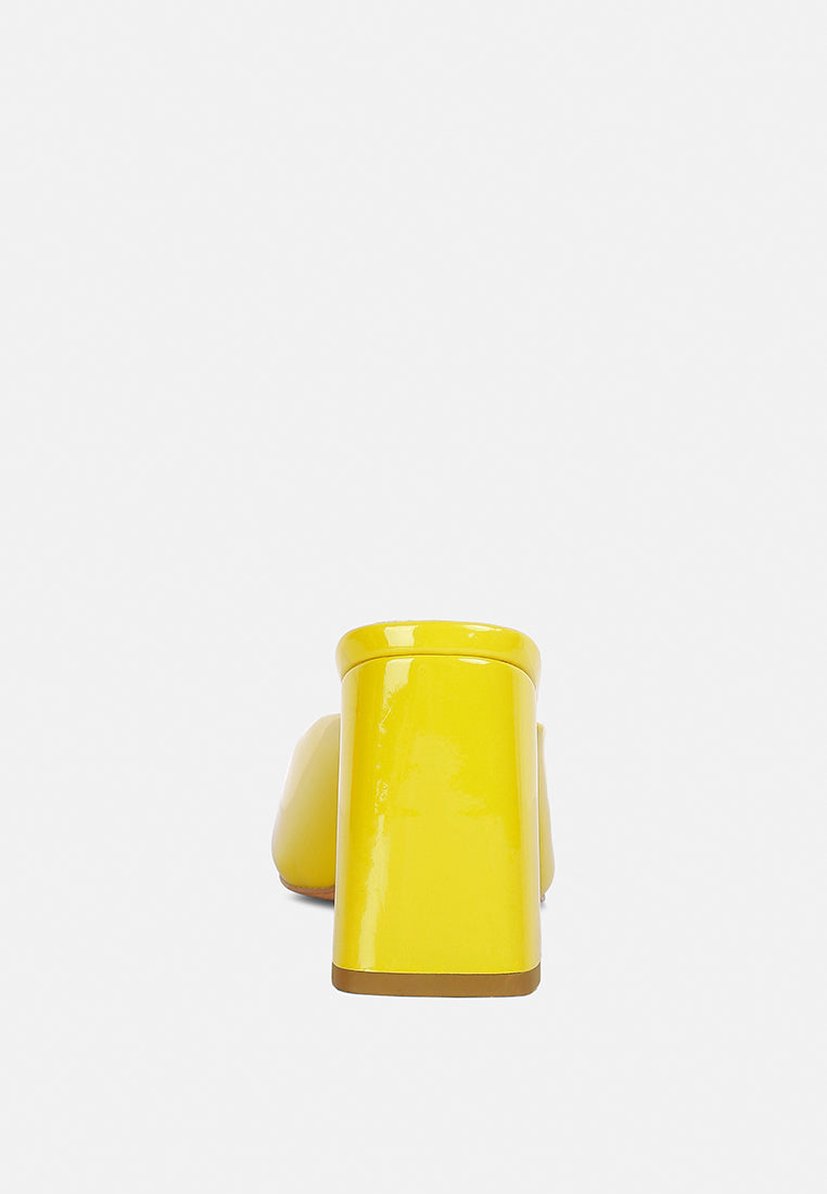 neoplast yellow patent faux leather block heeled mules#color_yellow