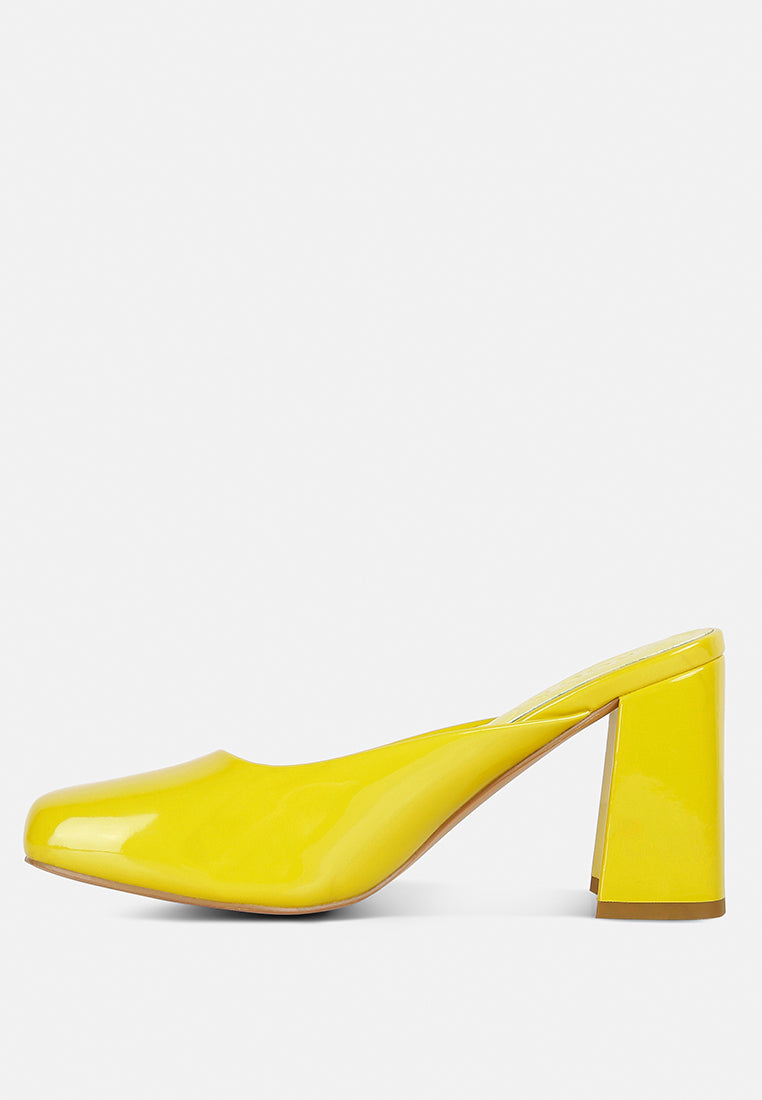 neoplast yellow patent faux leather block heeled mules#color_yellow
