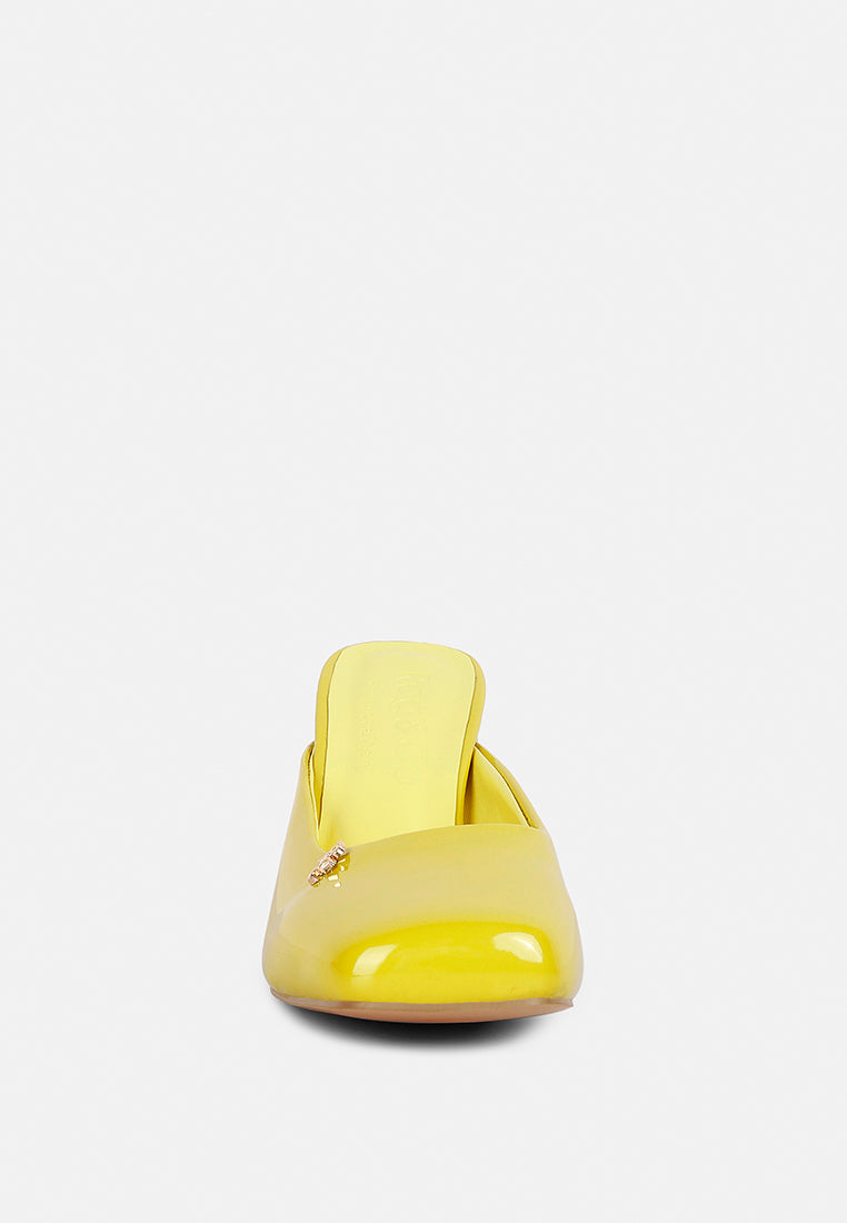 neoplast yellow patent faux leather block heeled mules#color_yellow