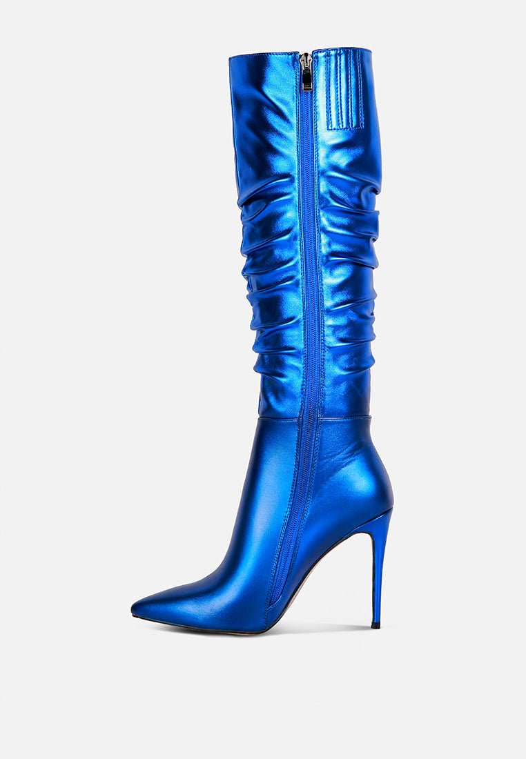 new expession blue metallic ruched stiletto calf boots#color_blue