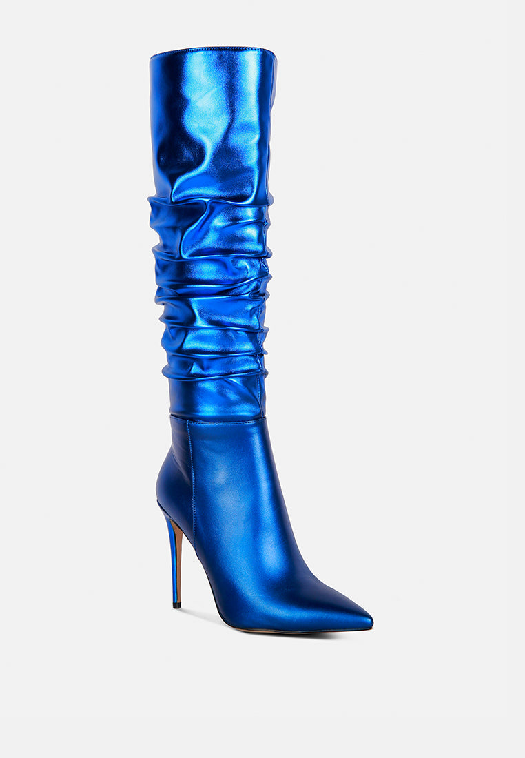 new expession blue metallic ruched stiletto calf boots#color_blue