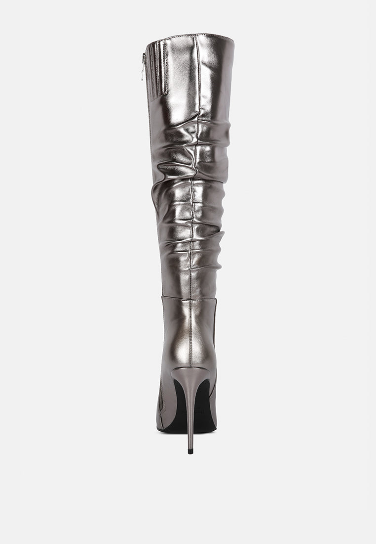 new expession grey metallic ruched stiletto calf boots#color_Pewter