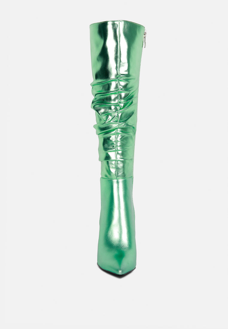 new expession mint green metallic ruched stiletto calf boots#color_mint_green