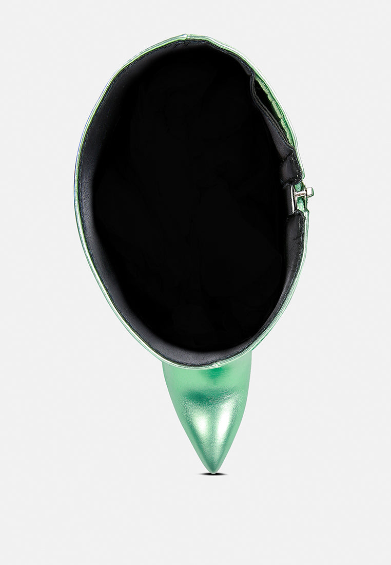 new expession mint green metallic ruched stiletto calf boots#color_mint_green