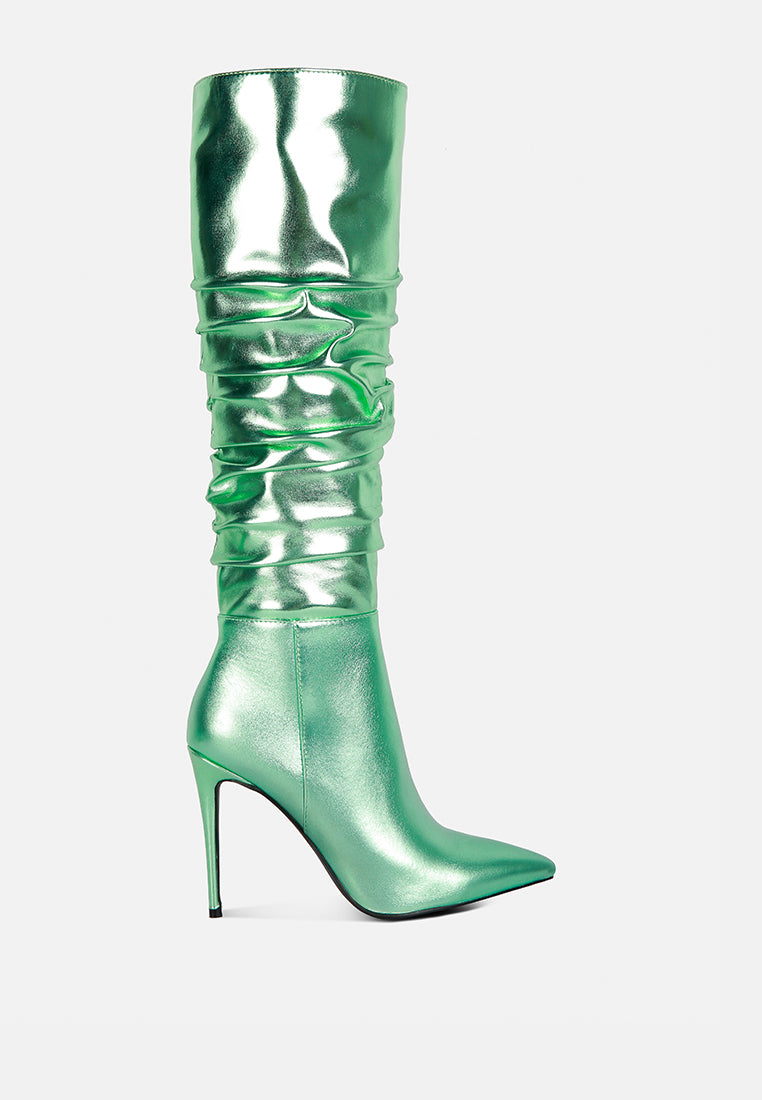 new expession mint green metallic ruched stiletto calf boots#color_mint_green