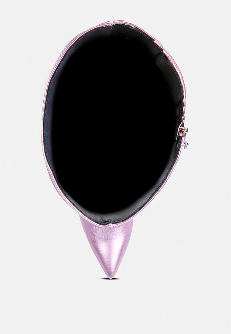 new expession pink metallic ruched stiletto calf boots#color_pink