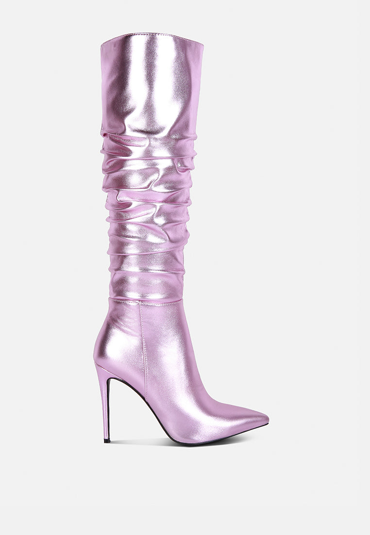 new expession pink metallic ruched stiletto calf boots#color_pink