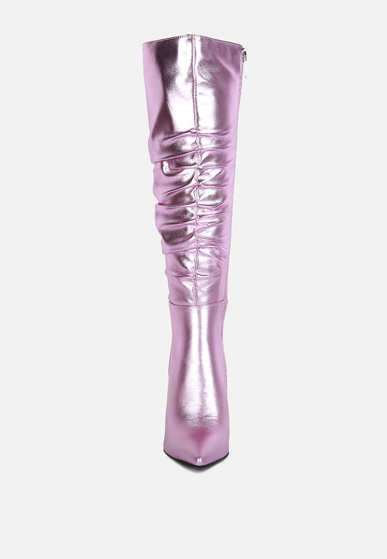 new expession pink metallic ruched stiletto calf boots#color_pink