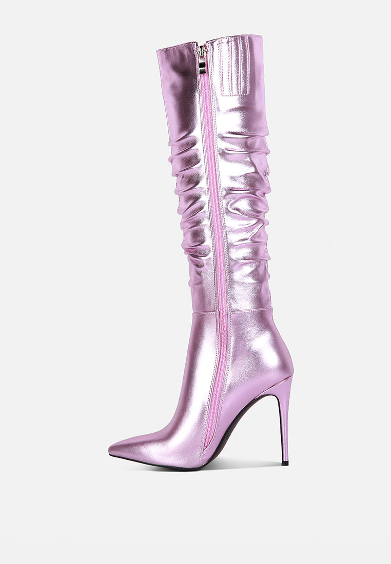 new expession pink metallic ruched stiletto calf boots#color_pink