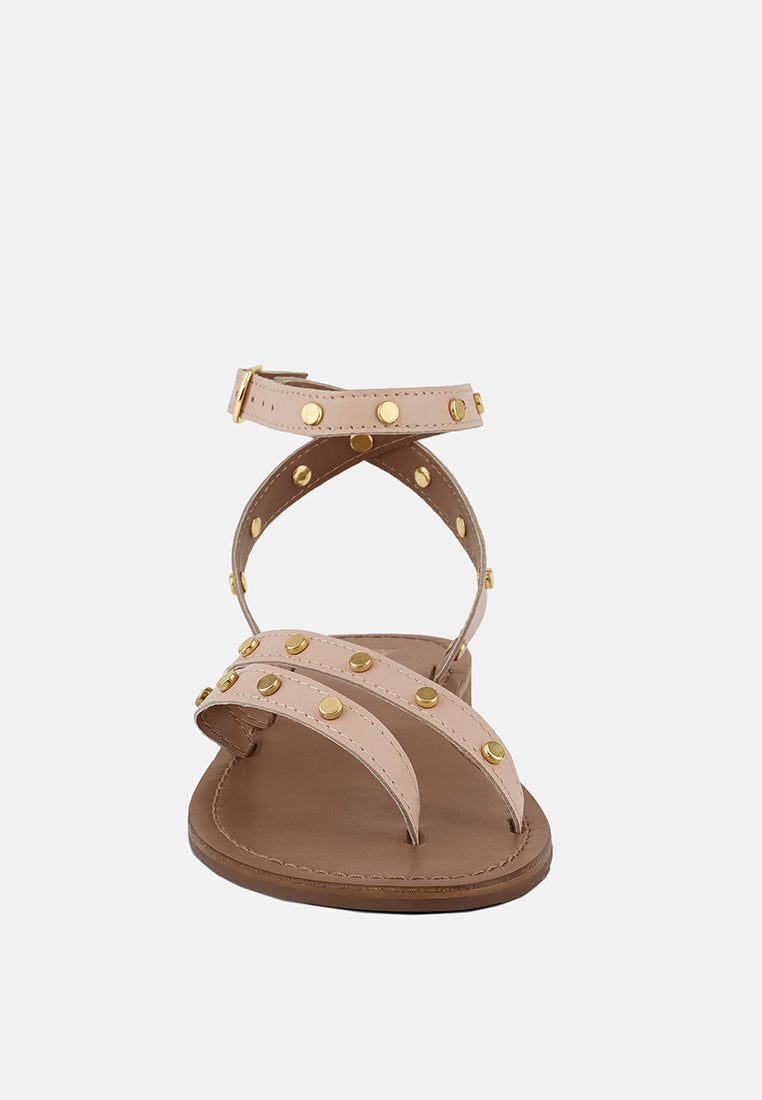 OPRAH Studs Embellished Flat Sandals in Beige#color_beige