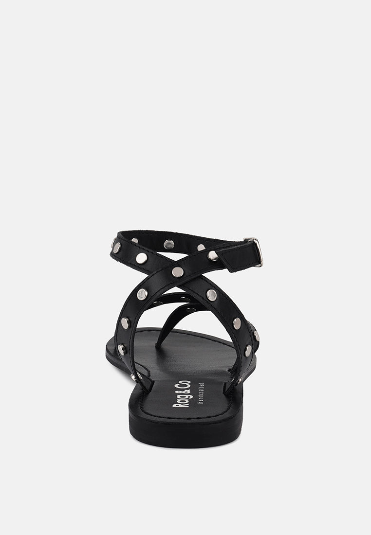 OPRAH Studs Embellished Flat Sandals in Black#color_black