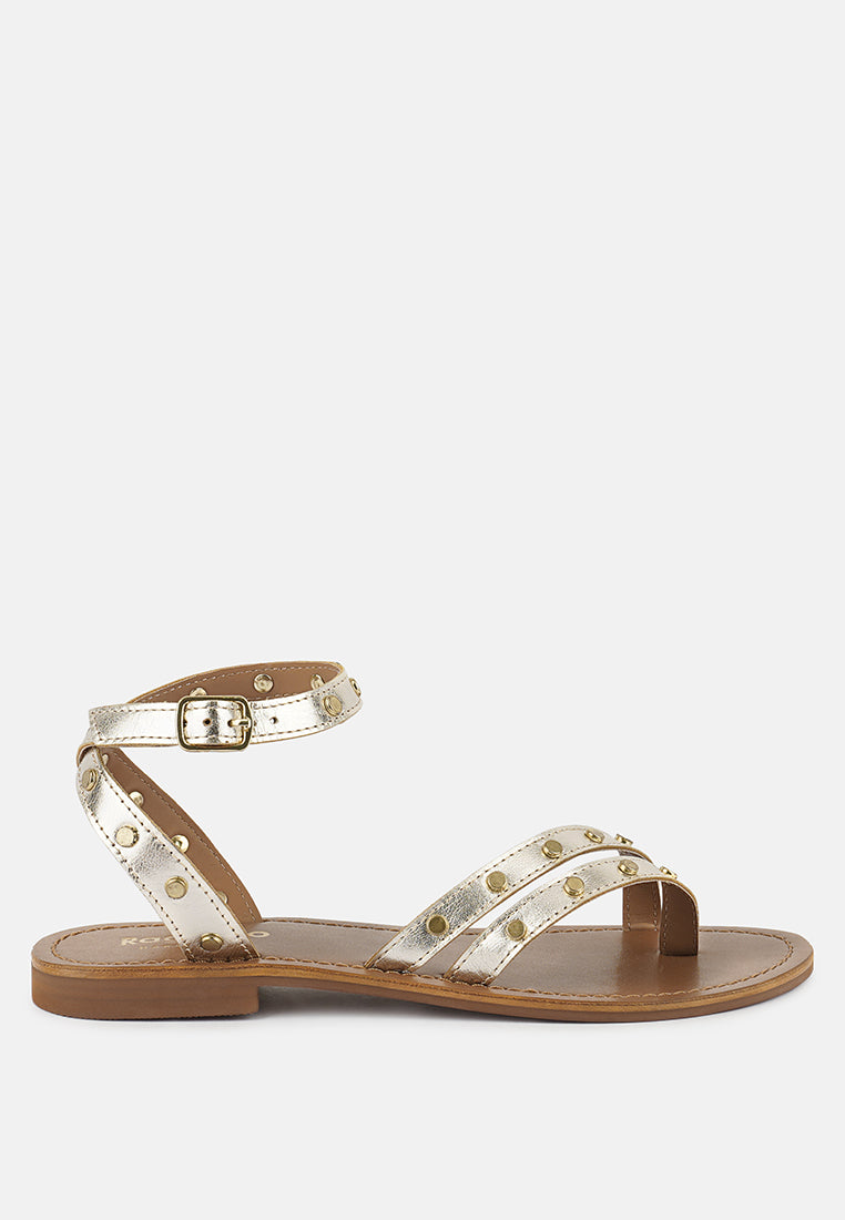 OPRAH Studs Embellished Flat Sandals in Gold#color_gold