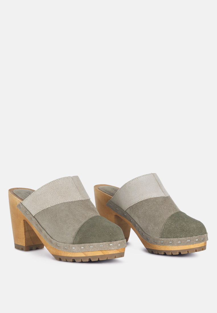 Ochroma Vintage Patchwork Suede Mule Clogs in Olive_Olive