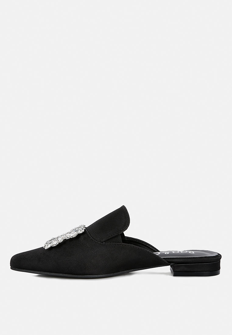 PERRINE Diamante Jewel Satin Mules in Black#color_black