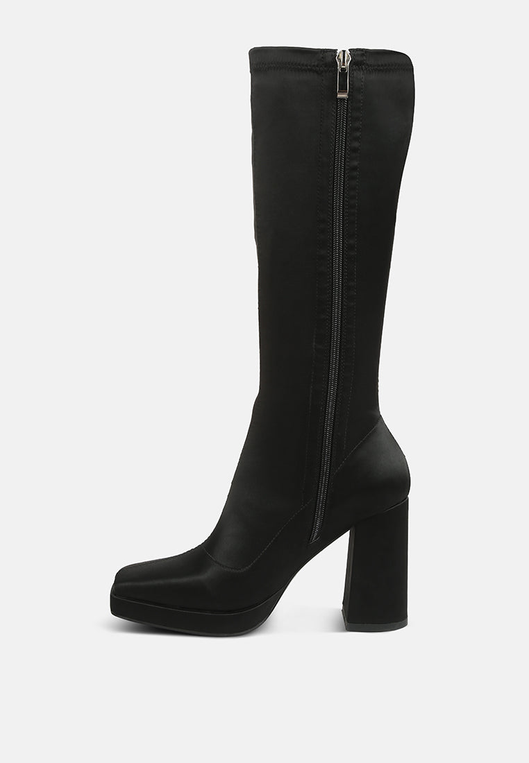 presto black stretchable satin long boot#color_black