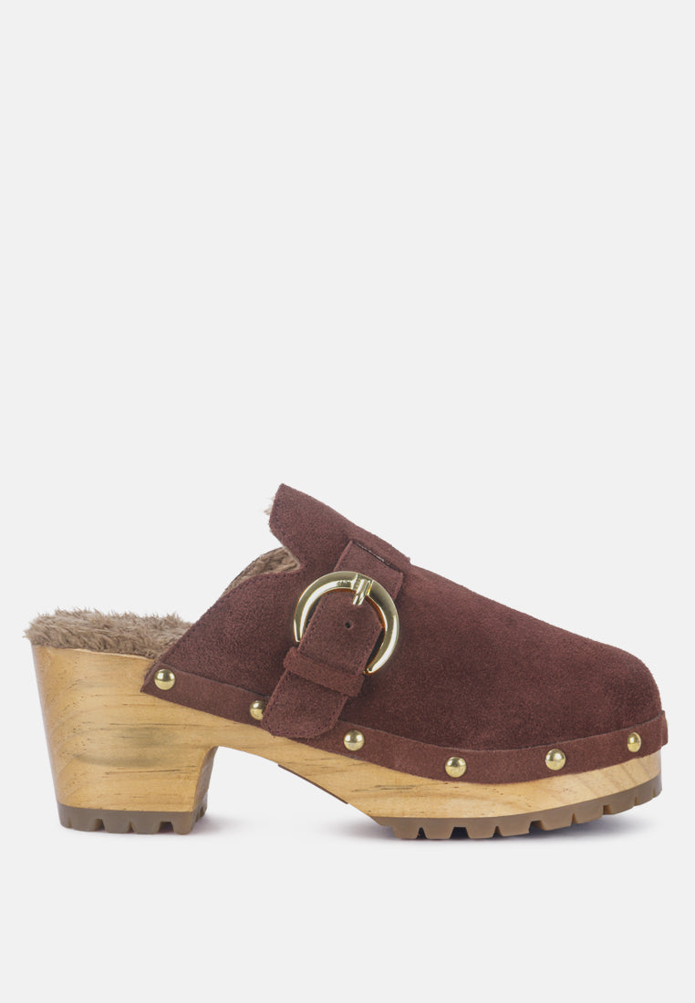 PRUNUS Brown Buckled Suede Round Toe Mule Clogs-Brown