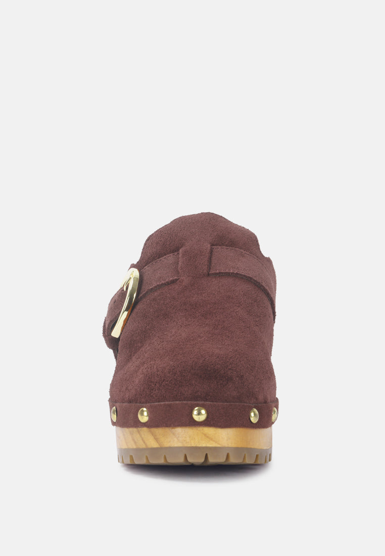 PRUNUS Brown Buckled Suede Round Toe Mule Clogs-Brown