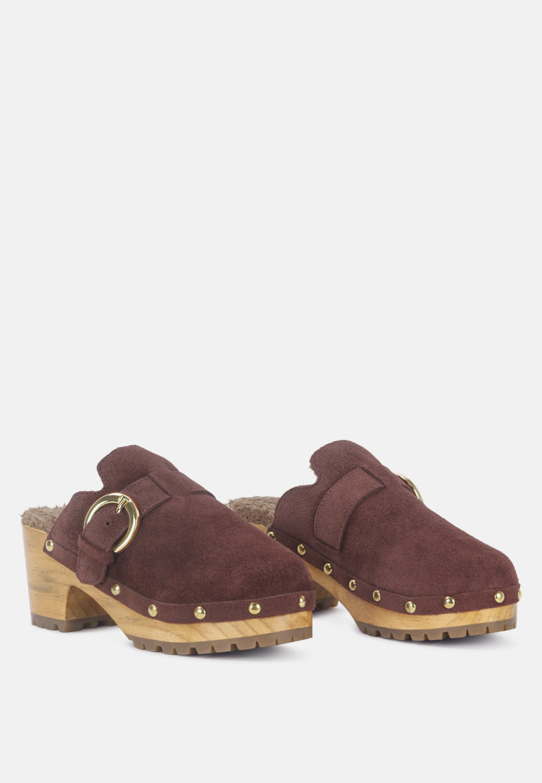 PRUNUS Brown Buckled Suede Round Toe Mule Clogs-Brown