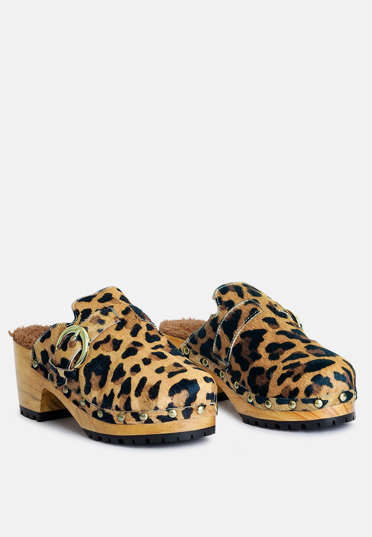 PRUNUS Leopard Buckled Suede Round Toe Mule Clogs-Leopard
