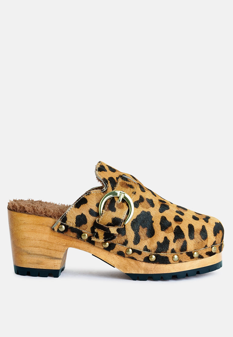 PRUNUS Leopard Buckled Suede Round Toe Mule Clogs-Leopard