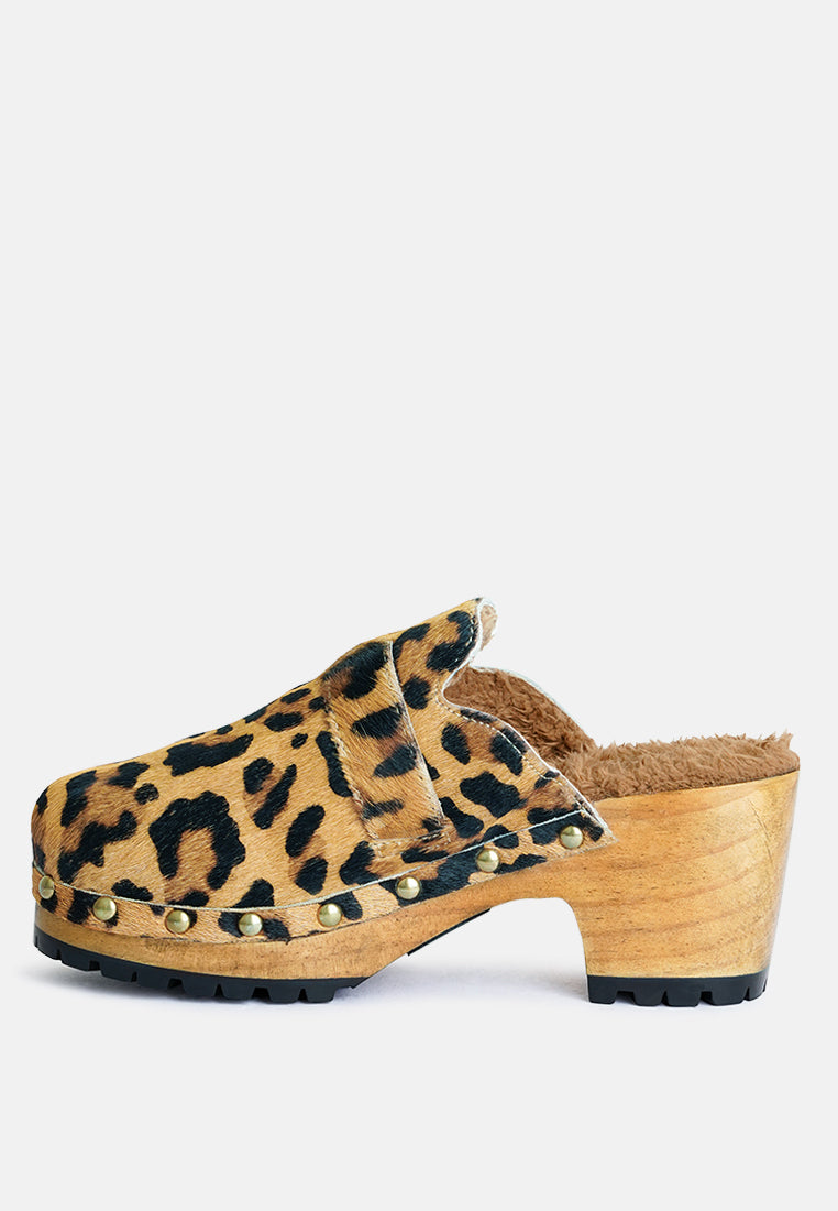 PRUNUS Leopard Buckled Suede Round Toe Mule Clogs-Leopard