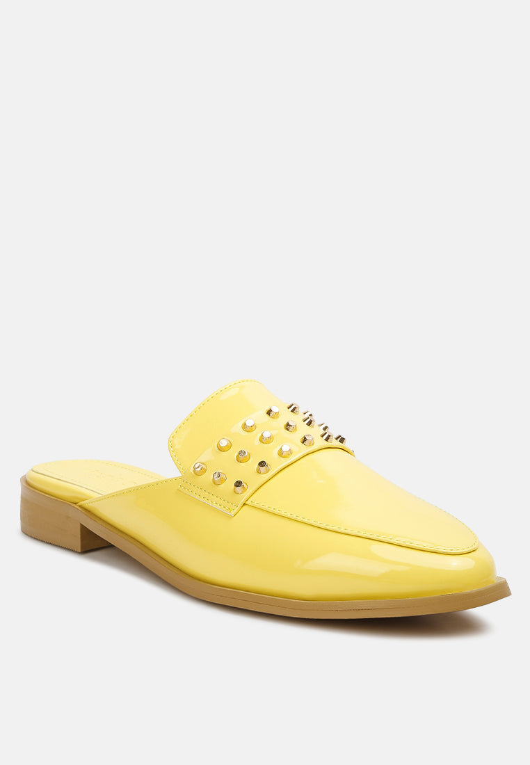 YASHTA Yellow Patent Studded Flat Mules#color_yellow