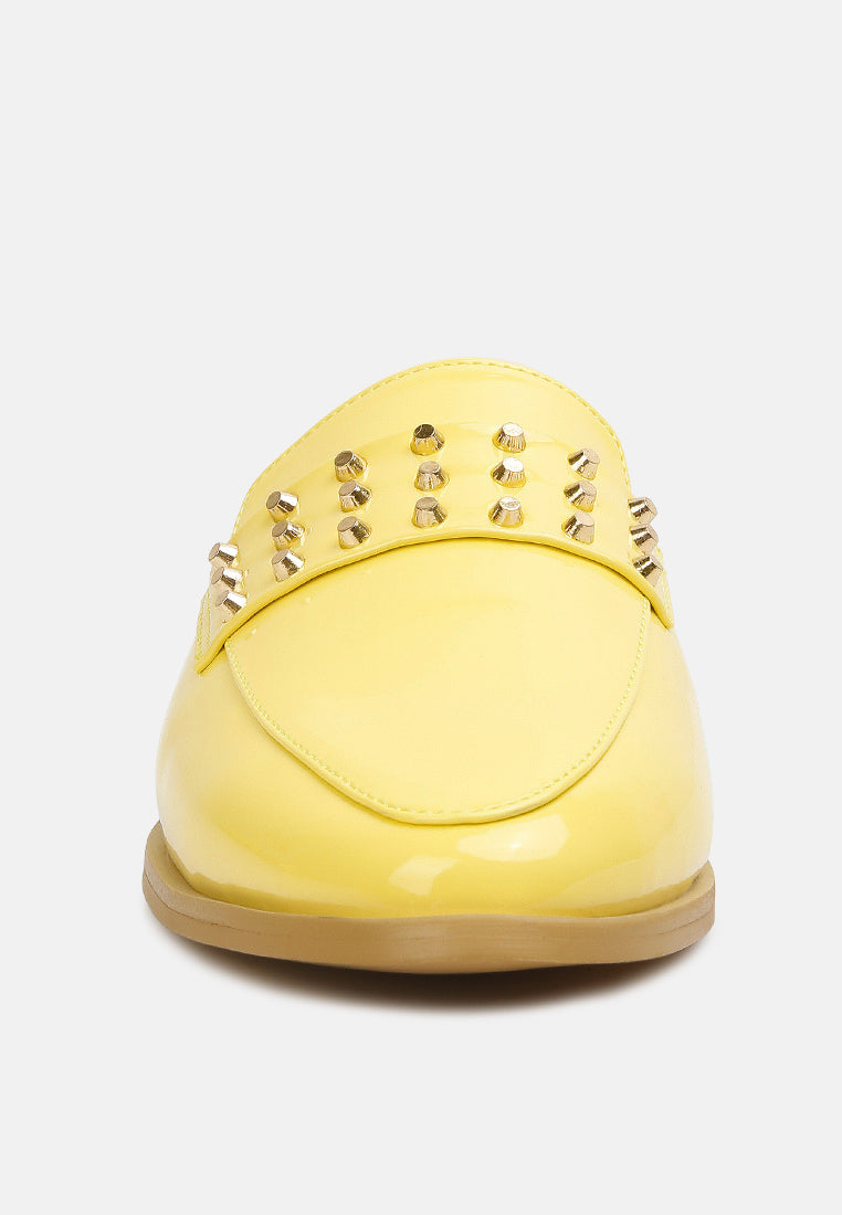YASHTA Yellow Patent Studded Flat Mules#color_yellow