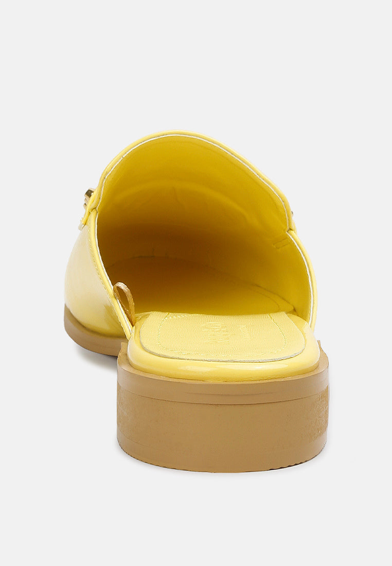 YASHTA Yellow Patent Studded Flat Mules#color_yellow