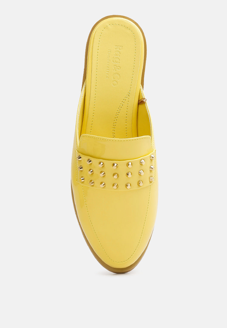 YASHTA Yellow Patent Studded Flat Mules#color_yellow