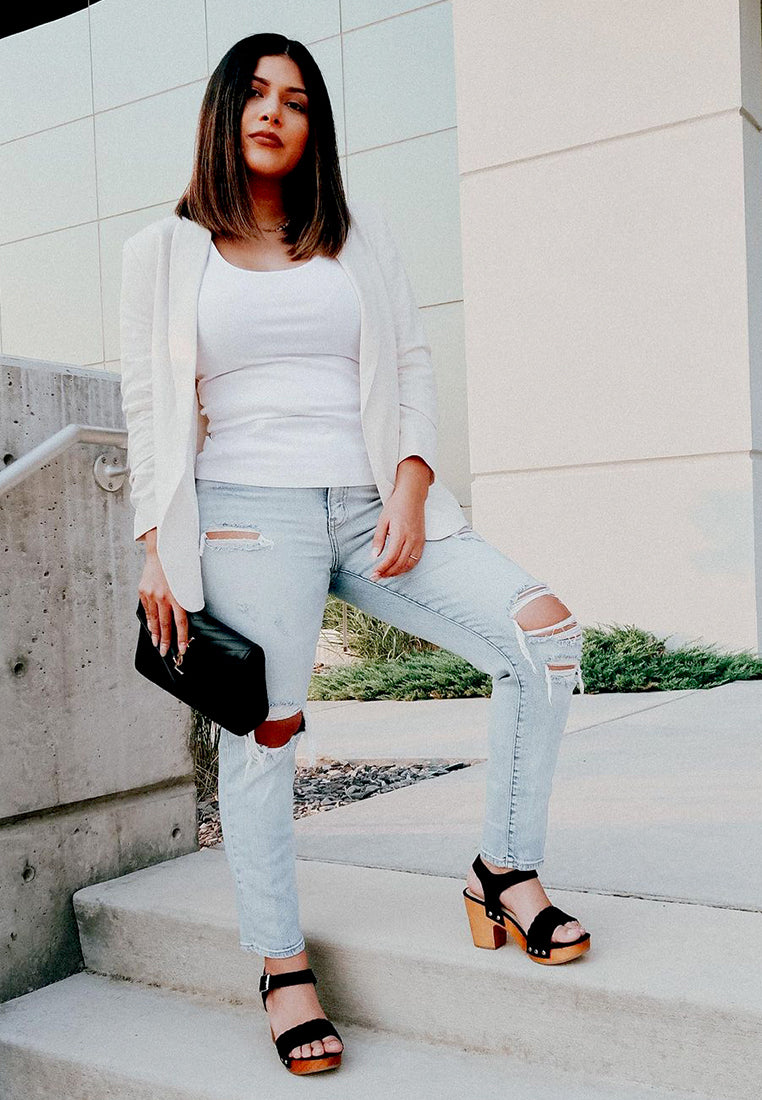 APRIL Black Wooden Clogs in Suede Weave-Black