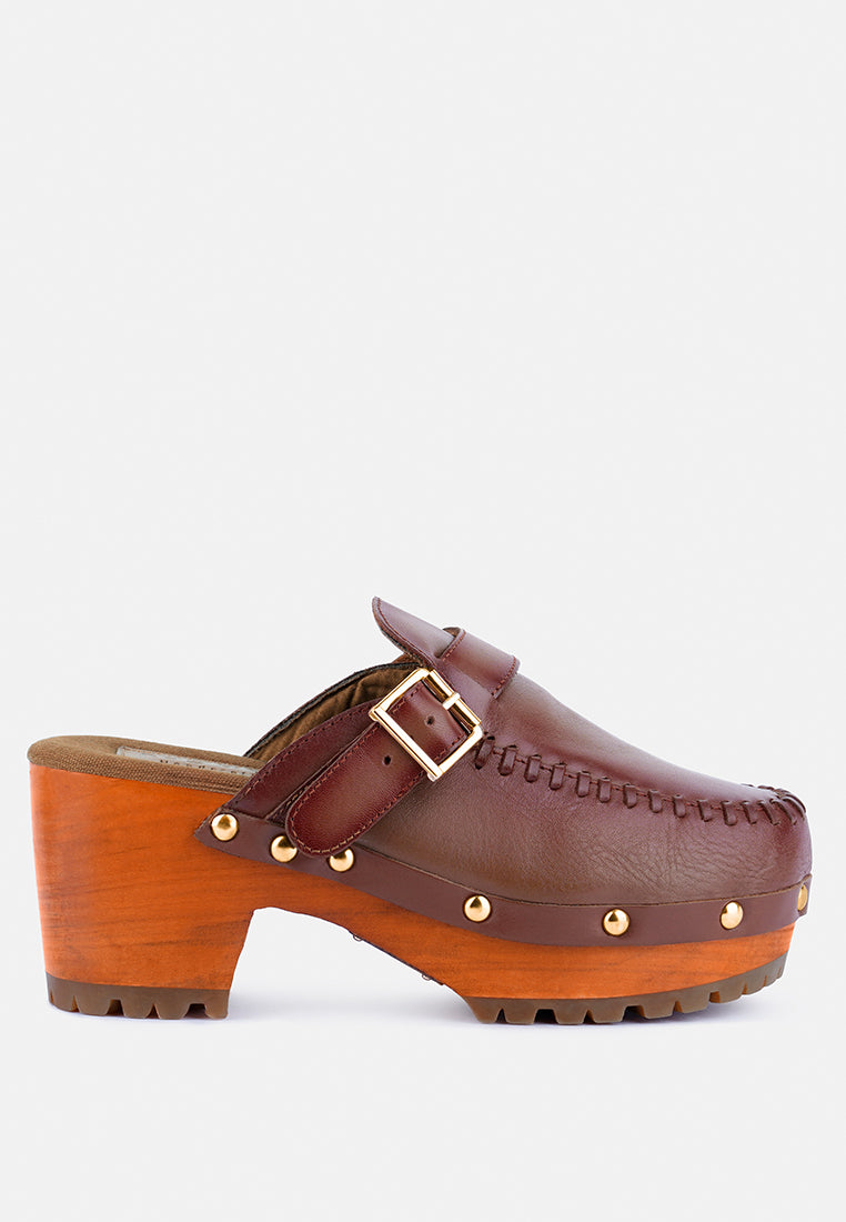 CHOCTAV Dark Tan Handcrafted Leather Clogs_tan
