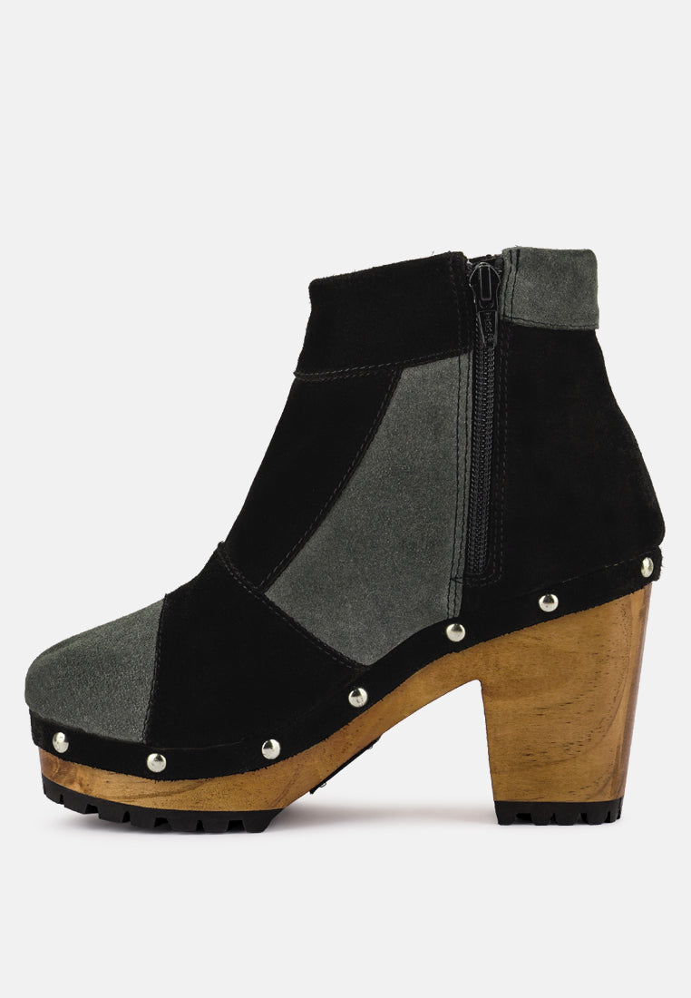 HURON Grey Fine Suede Patchwork Ankle Boots_black-grey